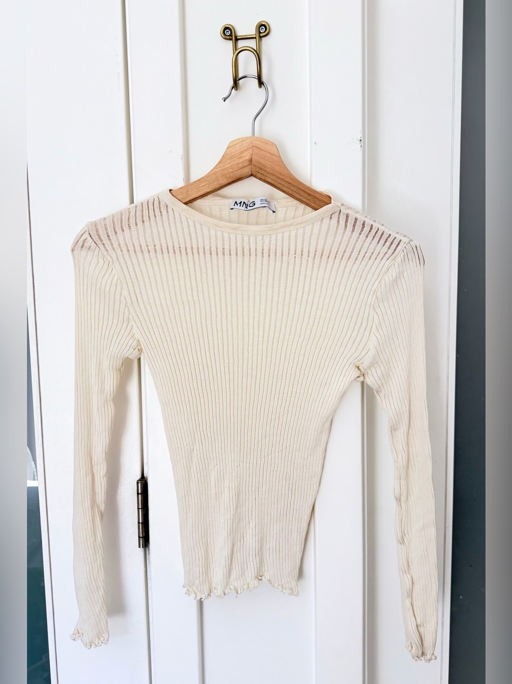 Mango Ivory Ribbed Long-Sleeve Knit Top